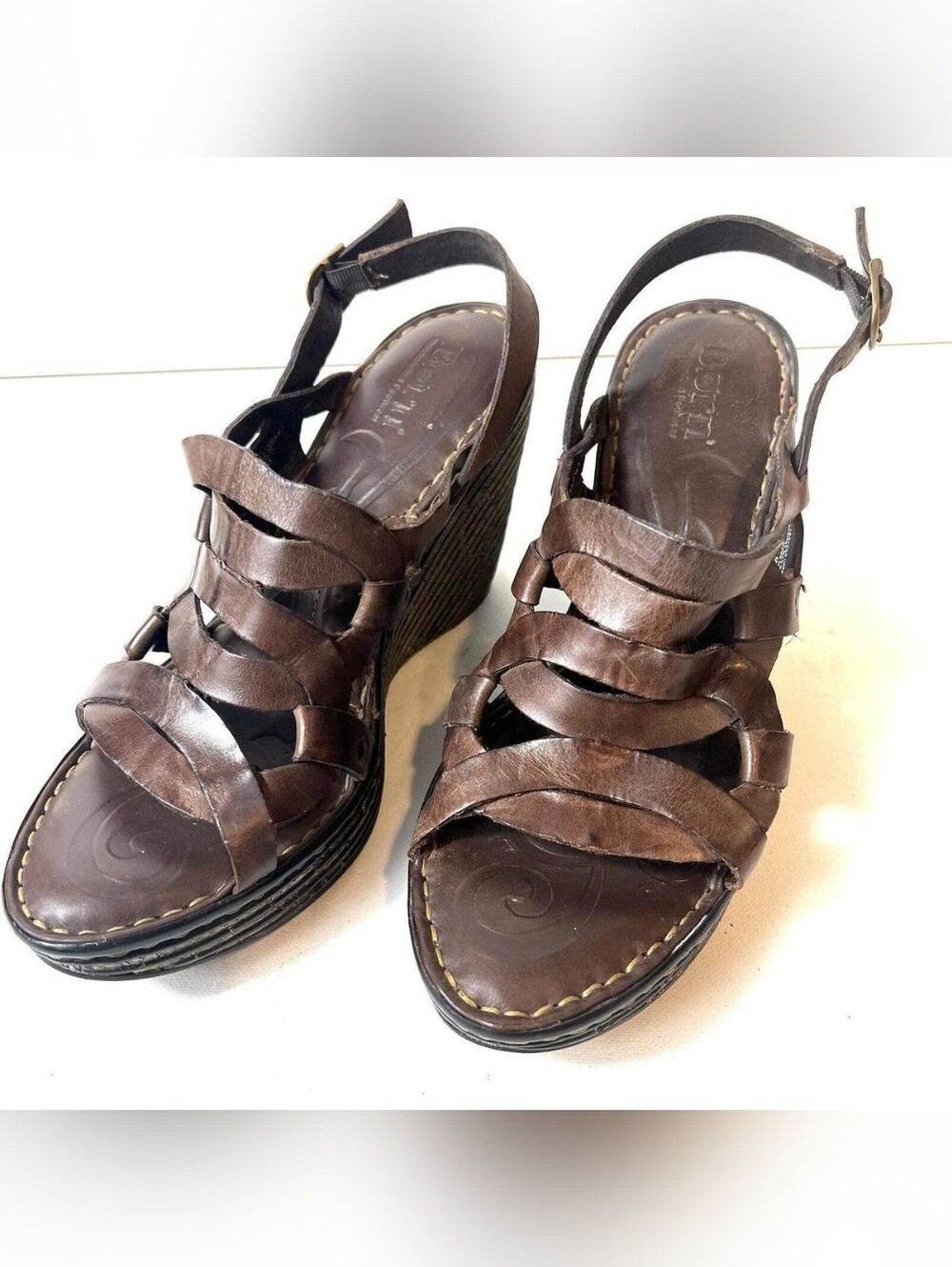 Born Brown Leather Wedge Ultra High Sling Back Open Toe Sandals